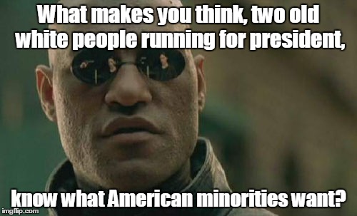 Matrix Morpheus | What makes you think, two old white people running for president, know what American minorities want? | image tagged in memes,matrix morpheus | made w/ Imgflip meme maker