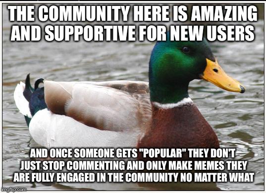 Why Img flip is just as good if not better than YouTube  | THE COMMUNITY HERE IS AMAZING AND SUPPORTIVE FOR NEW USERS; AND ONCE SOMEONE GETS "POPULAR" THEY DON'T JUST STOP COMMENTING AND ONLY MAKE MEMES THEY ARE FULLY ENGAGED IN THE COMMUNITY NO MATTER WHAT | image tagged in memes,actual advice mallard,community,youtube,imgflip | made w/ Imgflip meme maker