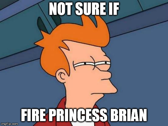 Futurama Fry Meme | NOT SURE IF FIRE PRINCESS BRIAN | image tagged in memes,futurama fry | made w/ Imgflip meme maker