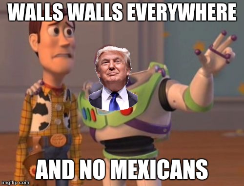 X, X Everywhere |  WALLS WALLS EVERYWHERE; AND NO MEXICANS | image tagged in memes,x x everywhere | made w/ Imgflip meme maker
