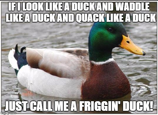 Actual Advice Mallard | IF I LOOK LIKE A DUCK AND WADDLE  LIKE A DUCK AND QUACK LIKE A DUCK; JUST CALL ME A FRIGGIN' DUCK! | image tagged in memes,actual advice mallard,funny memes,get real | made w/ Imgflip meme maker