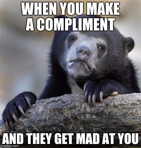 Confession Bear Meme | WHEN YOU MAKE A COMPLIMENT; AND THEY GET MAD AT YOU | image tagged in memes,confession bear | made w/ Imgflip meme maker