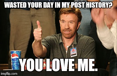 Chuck Norris Approves |  WASTED YOUR DAY IN MY POST HISTORY? YOU LOVE ME. | image tagged in memes,chuck norris approves | made w/ Imgflip meme maker