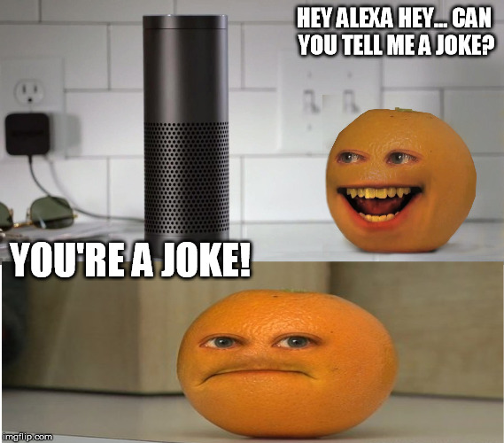 Annoyed Orange | HEY ALEXA HEY... CAN YOU TELL ME A JOKE? YOU'RE A JOKE! | image tagged in annoying orange | made w/ Imgflip meme maker