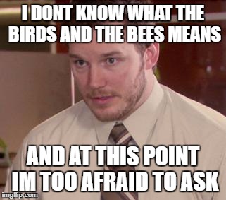 Afraid To Ask Andy (Closeup) Meme | I DONT KNOW WHAT THE BIRDS AND THE BEES MEANS; AND AT THIS POINT IM TOO AFRAID TO ASK | image tagged in memes,afraid to ask andy closeup | made w/ Imgflip meme maker