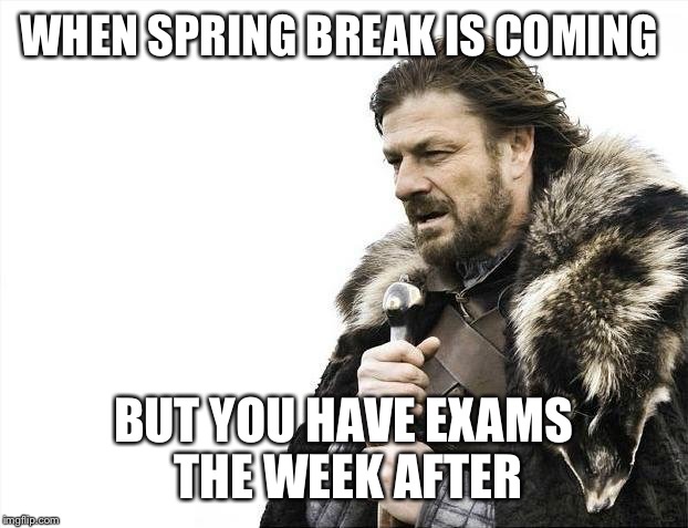 Exams after Spring Break | WHEN SPRING BREAK IS COMING; BUT YOU HAVE EXAMS THE WEEK AFTER | image tagged in memes,brace yourselves x is coming | made w/ Imgflip meme maker