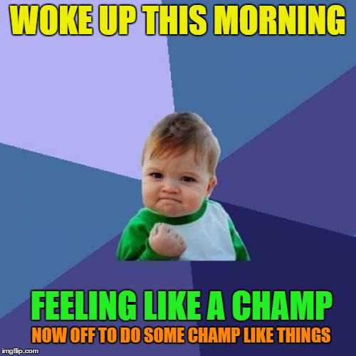 Success Kid Meme | WOKE UP THIS MORNING; FEELING LIKE A CHAMP; NOW OFF TO DO SOME CHAMP LIKE THINGS | image tagged in memes,success kid | made w/ Imgflip meme maker