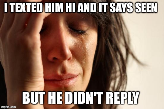 First World Problems | I TEXTED HIM HI AND IT SAYS SEEN; BUT HE DIDN'T REPLY | image tagged in memes,first world problems | made w/ Imgflip meme maker