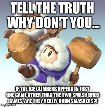 Why Ice Climbers should have a game again... | TELL THE TRUTH WHY DON'T YOU... IF THE ICE CLIMBERS APPEAR IN JUST ONE GAME OTHER THAN THE TWO SMASH BROS GAMES, ARE THEY REALLY BORN SMASHERS?! | image tagged in ice climbers in where | made w/ Imgflip meme maker