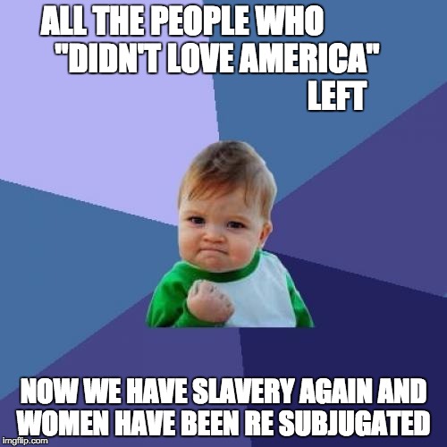 Success Kid Meme | ALL THE PEOPLE WHO                    "DIDN'T LOVE AMERICA"                                              LEFT; NOW WE HAVE SLAVERY AGAIN AND WOMEN HAVE BEEN RE SUBJUGATED | image tagged in memes,success kid | made w/ Imgflip meme maker