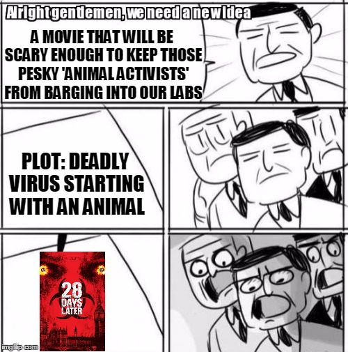 Alright Gentlemen We Need A New Idea Meme | A MOVIE THAT WILL BE SCARY ENOUGH TO KEEP THOSE PESKY 'ANIMAL ACTIVISTS' FROM BARGING INTO OUR LABS; PLOT: DEADLY VIRUS STARTING WITH AN ANIMAL | image tagged in memes,alright gentlemen we need a new idea | made w/ Imgflip meme maker
