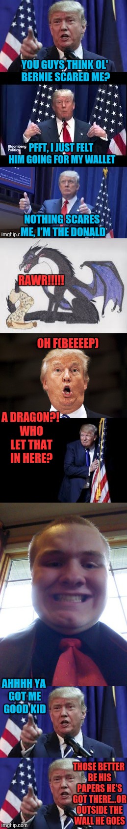 The donald apparently does not scare easily....but i know one thing that would scare him... | YOU GUYS THINK OL' BERNIE SCARED ME? PFFT, I JUST FELT HIM GOING FOR MY WALLET; NOTHING SCARES ME, I'M THE DONALD; RAWR!!!!! OH F(BEEEEP); A DRAGON?! WHO LET THAT IN HERE? AHHHH YA GOT ME GOOD KID; THOSE BETTER BE HIS PAPERS HE'S GOT THERE...OR OUTSIDE THE WALL HE GOES | image tagged in let's make a deal trump,starflight the nightwing,funny meme,donald trump | made w/ Imgflip meme maker