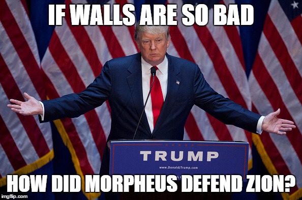 Even if he knows nothing, he has a point. | IF WALLS ARE SO BAD; HOW DID MORPHEUS DEFEND ZION? | image tagged in donald trump | made w/ Imgflip meme maker