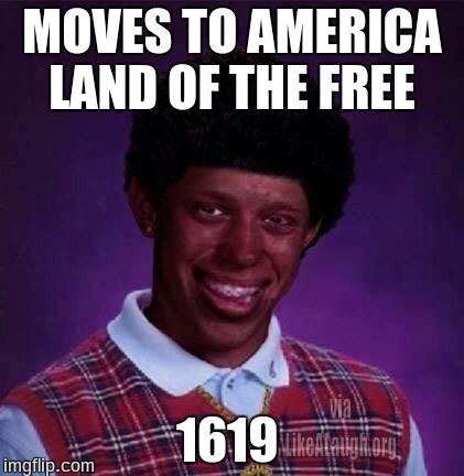 black bad Luck Brian  | MOVES TO AMERICA  LAND OF THE FREE; 1619 | image tagged in black bad luck brian | made w/ Imgflip meme maker