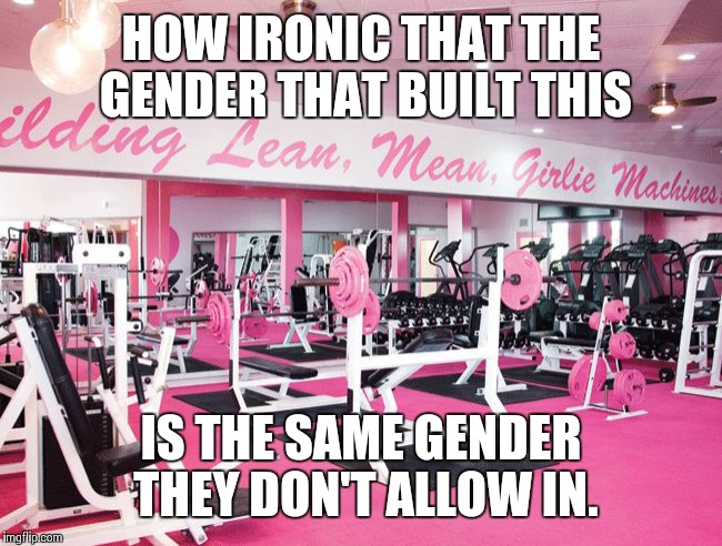 women only gym | HOW IRONIC THAT THE GENDER THAT BUILT THIS; IS THE SAME GENDER THEY DON'T ALLOW IN. | image tagged in women only gym | made w/ Imgflip meme maker