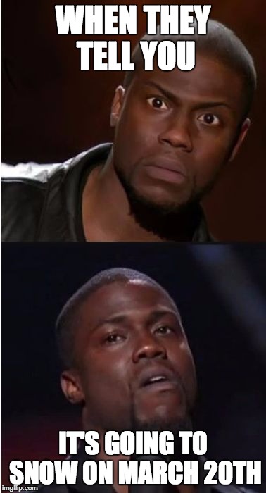 kevin hart reaction | WHEN THEY TELL YOU; IT'S GOING TO SNOW ON MARCH 20TH | image tagged in kevin hart reaction | made w/ Imgflip meme maker