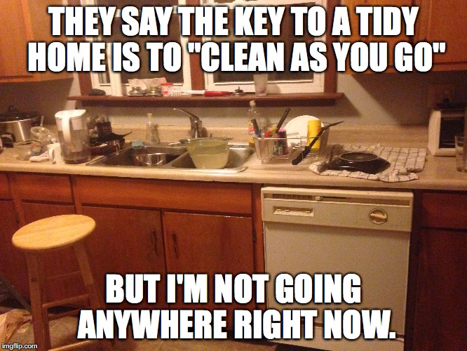 Not a Neat Freak  | THEY SAY THE KEY TO A TIDY HOME IS TO "CLEAN AS YOU GO"; BUT I'M NOT GOING ANYWHERE RIGHT NOW. | image tagged in messy house,messy mom,house,house wife,stay at home mom,clean as you go | made w/ Imgflip meme maker