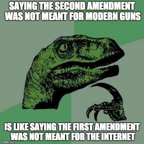 i've mentioned this whenever i get into the gun debate, irony anyone? | SAYING THE SECOND AMENDMENT WAS NOT MEANT FOR MODERN GUNS; IS LIKE SAYING THE FIRST AMENDMENT WAS NOT MEANT FOR THE INTERNET | image tagged in memes,philosoraptor,first amendment,second amendment,guns,hey internet | made w/ Imgflip meme maker