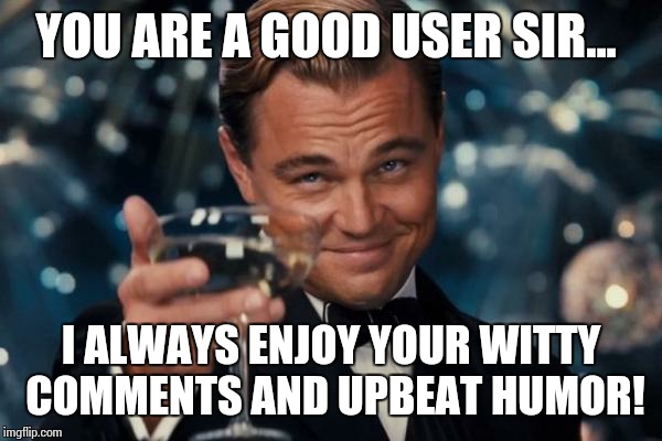 Leonardo Dicaprio Cheers Meme | YOU ARE A GOOD USER SIR... I ALWAYS ENJOY YOUR WITTY COMMENTS AND UPBEAT HUMOR! | image tagged in memes,leonardo dicaprio cheers | made w/ Imgflip meme maker