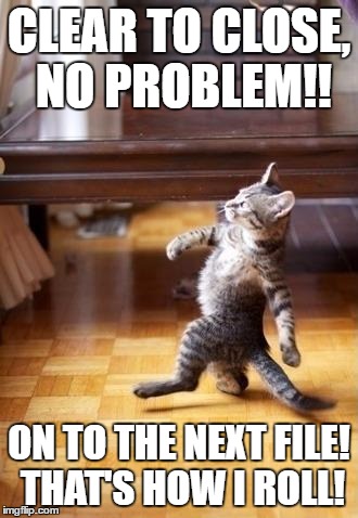 Cool Cat Stroll Meme | CLEAR TO CLOSE, NO PROBLEM!! ON TO THE NEXT FILE! THAT'S HOW I ROLL! | image tagged in memes,cool cat stroll | made w/ Imgflip meme maker