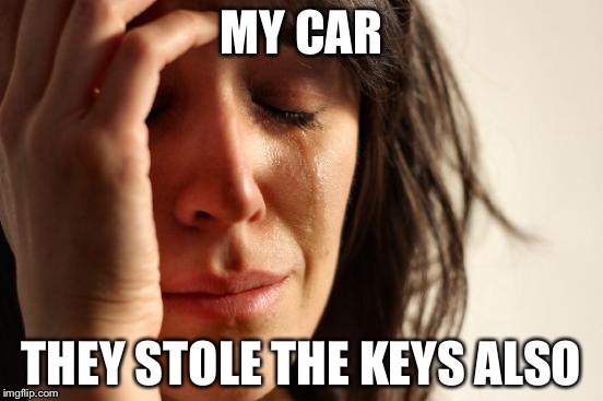 First World Problems Meme | MY CAR; THEY STOLE THE KEYS ALSO | image tagged in memes,first world problems | made w/ Imgflip meme maker