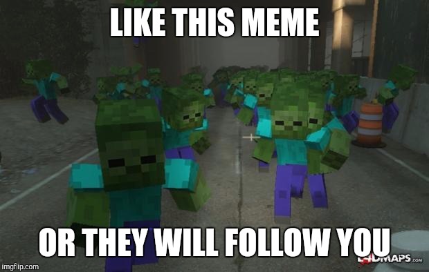 They follow you or like | LIKE THIS MEME; OR THEY WILL FOLLOW YOU | image tagged in on the first day of minecraft,memes | made w/ Imgflip meme maker