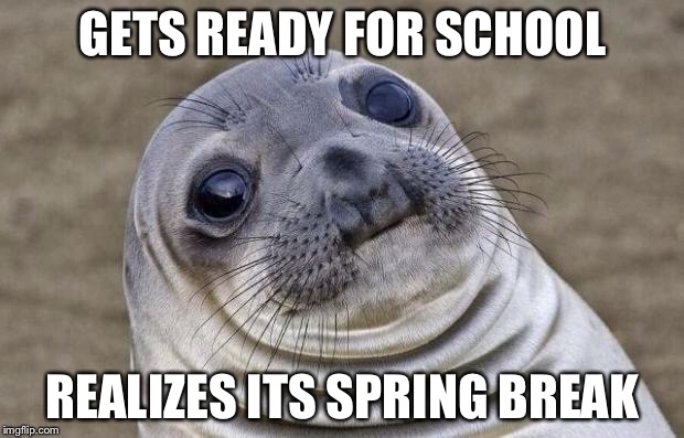 Awkward Moment Sealion Meme | GETS READY FOR SCHOOL; REALIZES ITS SPRING BREAK | image tagged in memes,awkward moment sealion | made w/ Imgflip meme maker