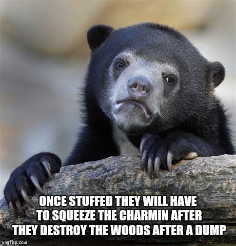 Confession Bear Meme | ONCE STUFFED THEY WILL HAVE TO SQUEEZE THE CHARMIN AFTER THEY DESTROY THE WOODS AFTER A DUMP | image tagged in memes,confession bear | made w/ Imgflip meme maker