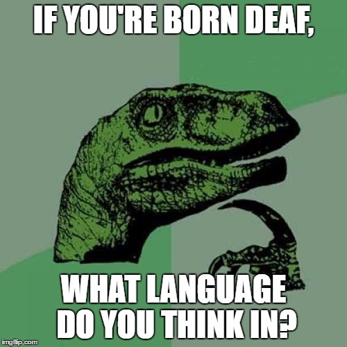 Philosoraptor | IF YOU'RE BORN DEAF, WHAT LANGUAGE DO YOU THINK IN? | image tagged in memes,philosoraptor | made w/ Imgflip meme maker