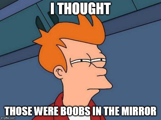 Futurama Fry Meme | I THOUGHT THOSE WERE BOOBS IN THE MIRROR | image tagged in memes,futurama fry | made w/ Imgflip meme maker