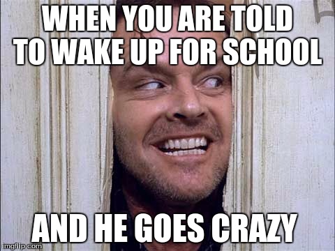 GO TO SCHOOL BITCH | WHEN YOU ARE TOLD TO WAKE UP FOR SCHOOL; AND HE GOES CRAZY | image tagged in shinning hers johnny | made w/ Imgflip meme maker