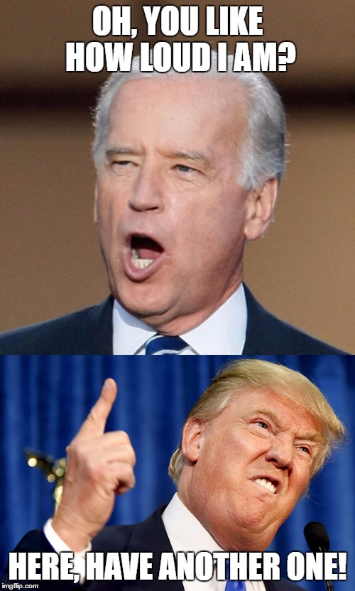 not sure what brought this meme on... | OH, YOU LIKE HOW LOUD I AM? HERE, HAVE ANOTHER ONE! | image tagged in joe biden,donald trump,politics,presidential race,president 2016 | made w/ Imgflip meme maker