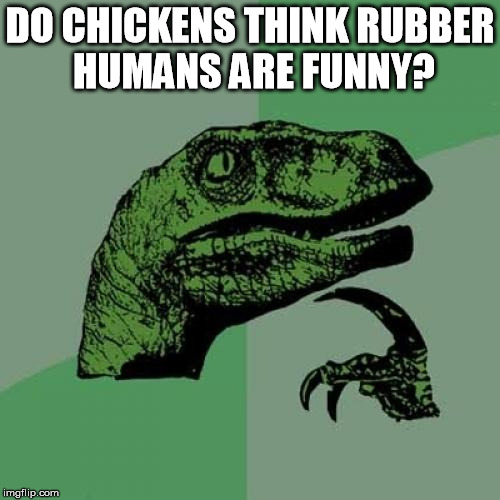 ... and do they tell "why did the man cross the road" jokes? | DO CHICKENS THINK RUBBER HUMANS ARE FUNNY? | image tagged in memes,philosoraptor,rubber chicken | made w/ Imgflip meme maker