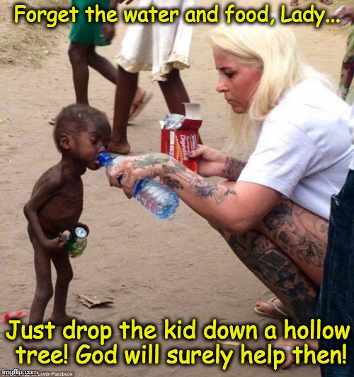 Forget the water and food, Lady... Just drop the kid down a hollow tree! God will surely help then! | image tagged in miracles from heaven,god,atheism,humanism,god is dead,christians | made w/ Imgflip meme maker