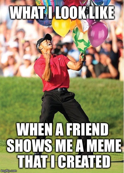 A Meme Creator's Dream... | WHAT I LOOK LIKE; WHEN A FRIEND SHOWS ME A MEME THAT I CREATED | image tagged in tiger woods 1,memes,creative | made w/ Imgflip meme maker