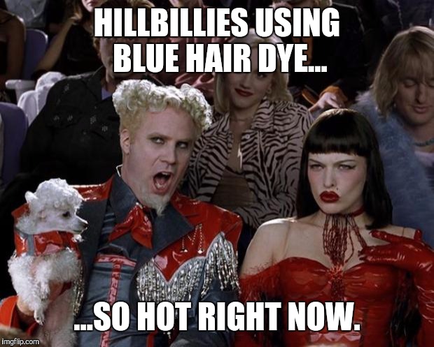 Mugatu So Hot Right Now Meme | HILLBILLIES USING BLUE HAIR DYE... ...SO HOT RIGHT NOW. | image tagged in memes,mugatu so hot right now | made w/ Imgflip meme maker