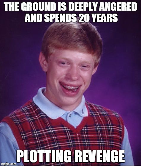 Bad Luck Brian Meme | THE GROUND IS DEEPLY ANGERED AND SPENDS 20 YEARS PLOTTING REVENGE | image tagged in memes,bad luck brian | made w/ Imgflip meme maker