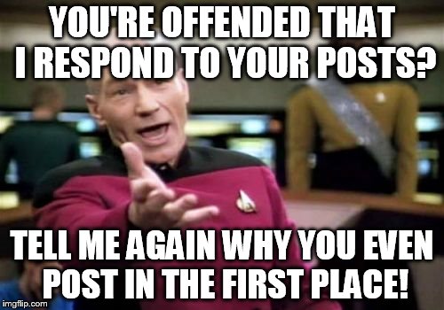 Picard Wtf Meme | YOU'RE OFFENDED THAT I RESPOND TO YOUR POSTS? TELL ME AGAIN WHY YOU EVEN POST IN THE FIRST PLACE! | image tagged in memes,picard wtf | made w/ Imgflip meme maker