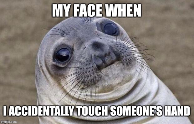 Awkward Moment Sealion | MY FACE WHEN; I ACCIDENTALLY TOUCH SOMEONE'S HAND | image tagged in memes,awkward moment sealion | made w/ Imgflip meme maker