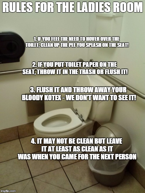 RULES FOR THE LADIES ROOM; 1. IF YOU FEEL THE NEED TO HOVER OVER THE TOILET, CLEAN UP THE PEE YOU SPLASH ON THE SEAT! 2. IF YOU PUT TOILET PAPER ON THE SEAT, THROW IT IN THE TRASH OR FLUSH IT! 3. FLUSH IT AND THROW AWAY YOUR BLOODY KOTEX - WE DON'T WANT TO SEE IT! 4. IT MAY NOT BE CLEAN BUT LEAVE IT AT LEAST AS CLEAN AS IT WAS WHEN YOU CAME FOR THE NEXT PERSON | image tagged in ladies room | made w/ Imgflip meme maker