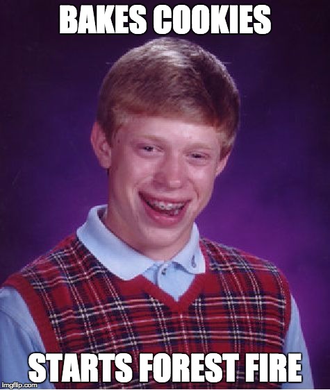 Bad Luck Brian Meme | BAKES COOKIES; STARTS FOREST FIRE | image tagged in memes,bad luck brian | made w/ Imgflip meme maker