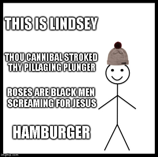 Be Like Bill Meme | THIS IS LINDSEY; THOU CANNIBAL STROKED THY PILLAGING PLUNGER; ROSES ARE BLACK MEN SCREAMING FOR JESUS; HAMBURGER | image tagged in memes,be like bill | made w/ Imgflip meme maker