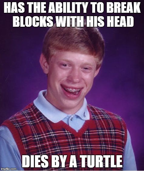 Bad Luck Brian | HAS THE ABILITY TO BREAK BLOCKS WITH HIS HEAD; DIES BY A TURTLE | image tagged in memes,bad luck brian | made w/ Imgflip meme maker