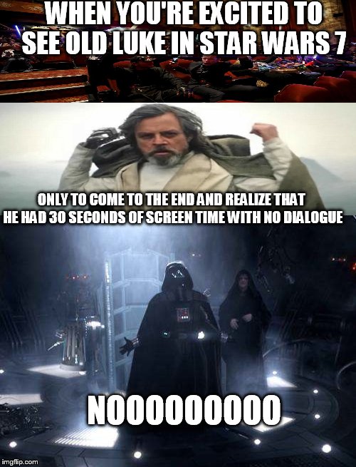 A star wars fan disappointment  | WHEN YOU'RE EXCITED TO SEE OLD LUKE IN STAR WARS 7; ONLY TO COME TO THE END AND REALIZE THAT HE HAD 30 SECONDS OF SCREEN TIME WITH NO DIALOGUE; NOOOOOOOOO | image tagged in disney killed star wars | made w/ Imgflip meme maker
