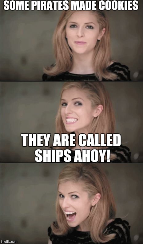 Bad Pun Anna Kendrick Meme | SOME PIRATES MADE COOKIES; THEY ARE CALLED SHIPS AHOY! | image tagged in memes,bad pun anna kendrick | made w/ Imgflip meme maker