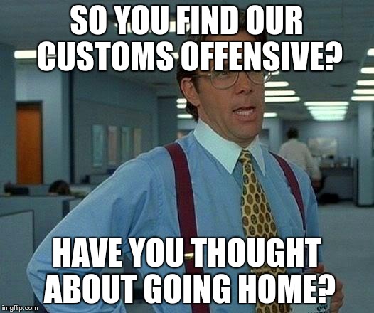 That Would Be Great Meme | SO YOU FIND OUR CUSTOMS OFFENSIVE? HAVE YOU THOUGHT ABOUT GOING HOME? | image tagged in memes,that would be great | made w/ Imgflip meme maker