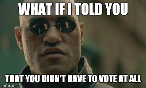 Matrix Morpheus Meme | WHAT IF I TOLD YOU THAT YOU DIDN'T HAVE TO VOTE AT ALL | image tagged in memes,matrix morpheus | made w/ Imgflip meme maker