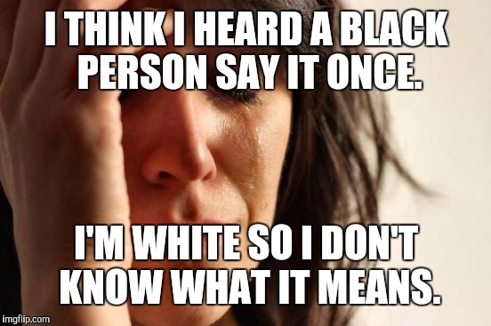 First World Problems Meme | I THINK I HEARD A BLACK PERSON SAY IT ONCE. I'M WHITE SO I DON'T KNOW WHAT IT MEANS. | image tagged in memes,first world problems | made w/ Imgflip meme maker