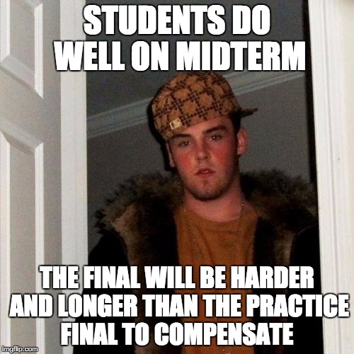 Scumbag Steve | STUDENTS DO WELL ON MIDTERM; THE FINAL WILL BE HARDER AND LONGER THAN THE PRACTICE FINAL TO COMPENSATE | image tagged in memes,scumbag steve | made w/ Imgflip meme maker