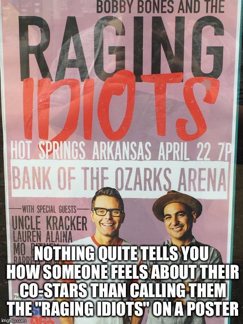 NOTHING QUITE TELLS YOU HOW SOMEONE FEELS ABOUT THEIR CO-STARS THAN CALLING THEM THE "RAGING IDIOTS" ON A POSTER | image tagged in raging idiots | made w/ Imgflip meme maker